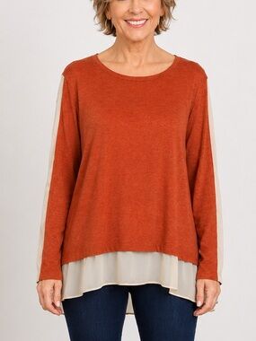 LOGO Lounge XL Layered Hem Top Rust Orange Cream Long Sleeve Tunic